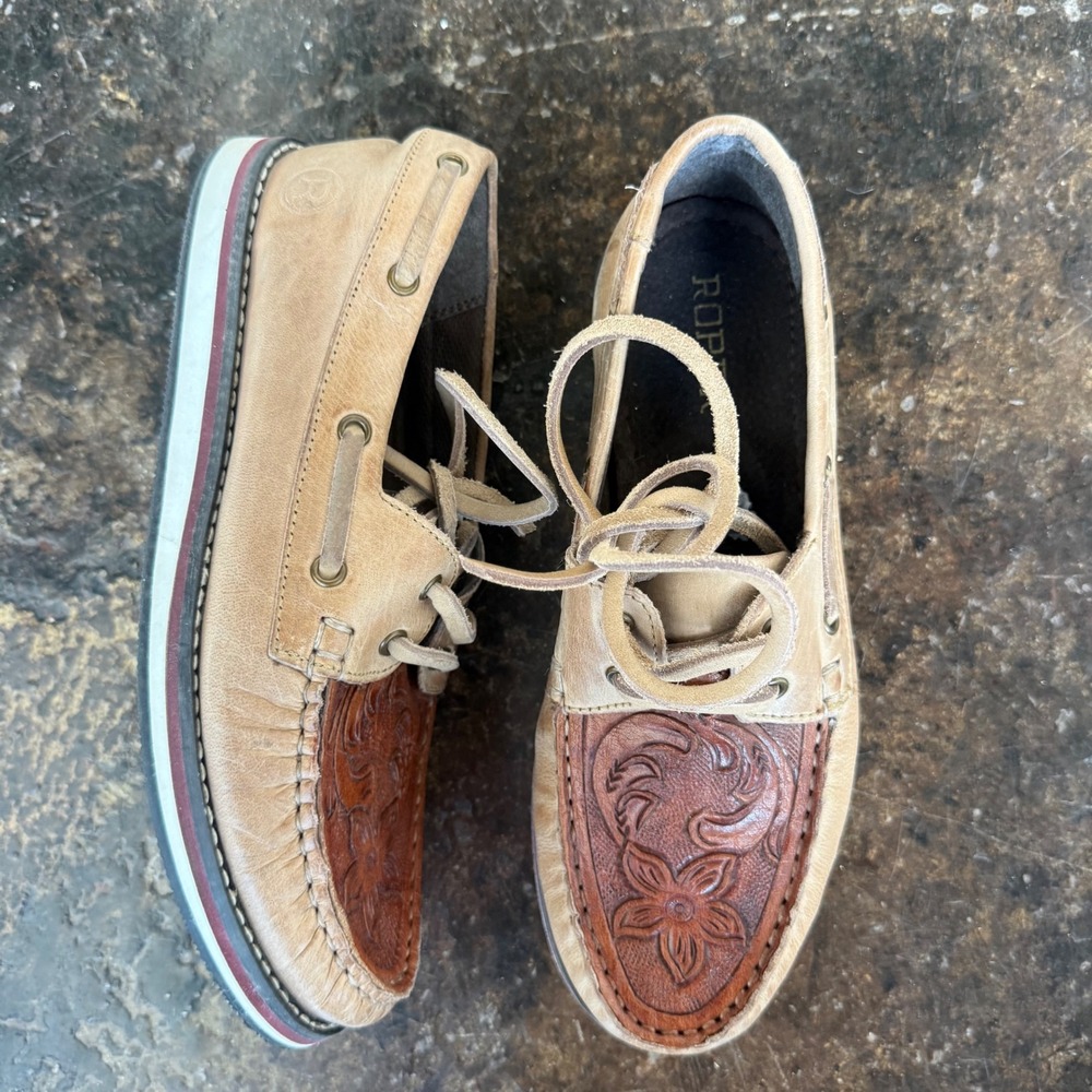 Roper Boat Shoes Tooled Leather Floral Western Moccasins Deck Shoes Womens 6